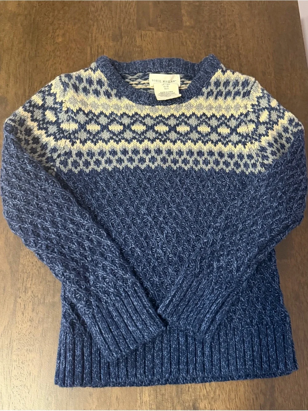 Kids Blue Fair Isle Crewneck Sweater by Rorie Whelan.